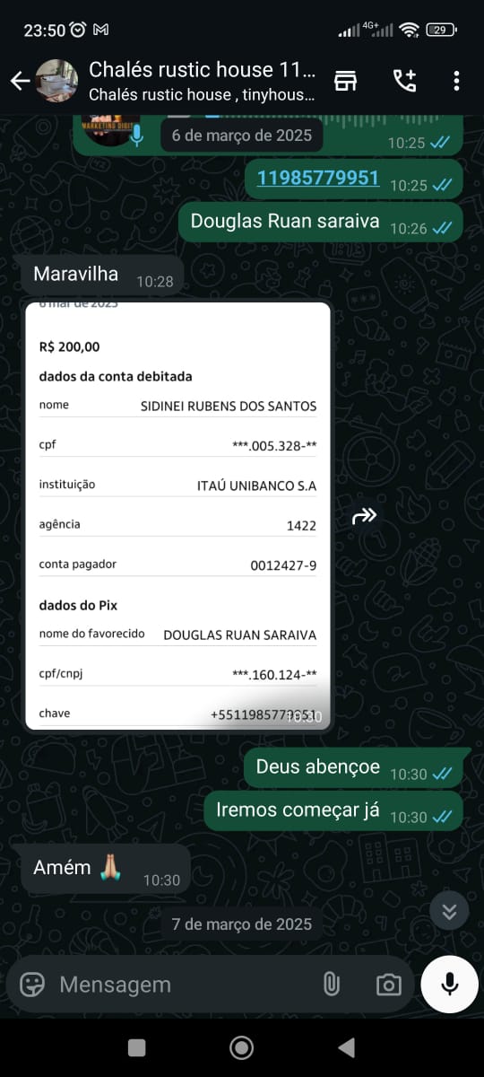 Comprovante de transferência de R$200